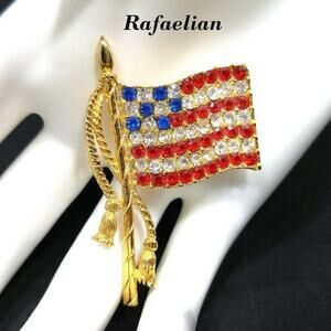 Vtg Rafaelian American Flag Brooch Rhinestone Pave Waving Gold Tone Tassels, 2"